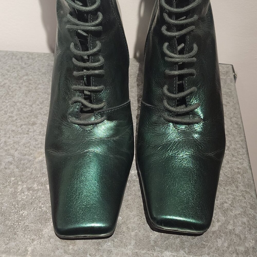Metallic Green L'intervalle Square Toe Leather Boots - Picture 9 of 11